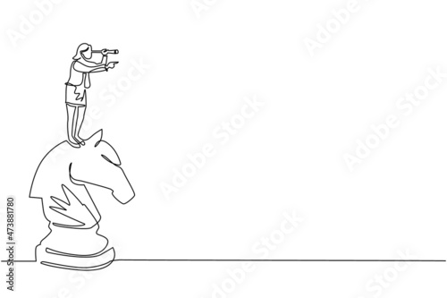 Single one line drawing active businesswoman on top of big horse chess piece using telescope looking for success, opportunities, future business trends. Continuous line draw design vector illustration
