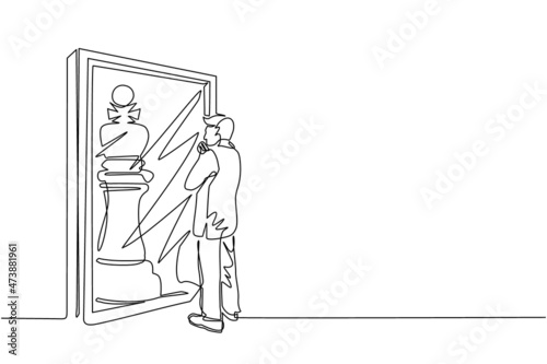 Continuous one line drawing businessman standing in front of mirror, reflecting chess king. Metaphor of confidence. Success, opportunities concept. Single line draw design vector graphic illustration