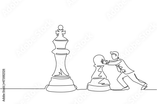 Single continuous line drawing young businessman push huge pawn chess piece. Business strategy and marketing plan. Strategic move in business concept. One line draw graphic design vector illustration