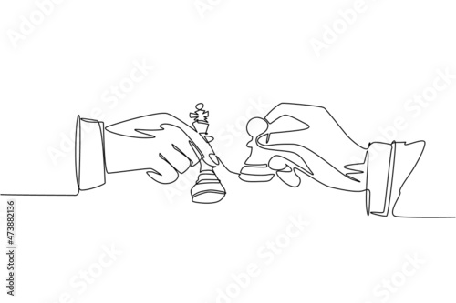 Single continuous line drawing two man's hands with king and pawn chess pieces. Vintage engraving stylized drawing. Sport, competition, competitive. One line draw graphic design vector illustration