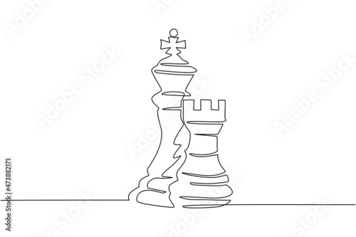 Single one line drawing rook and king chess logo. Set of emblems and signs for chess sport tournament. Successful challenge isolated. Modern continuous line draw design graphic vector illustration