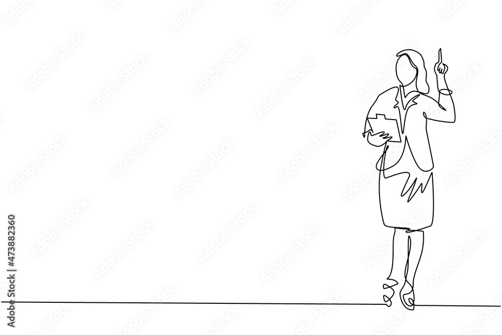 Single one line drawing young businesswoman wearing suit holding clipboard and pointing index finger up. Active person keeping file pad in hand. Continuous line draw design graphic vector illustration