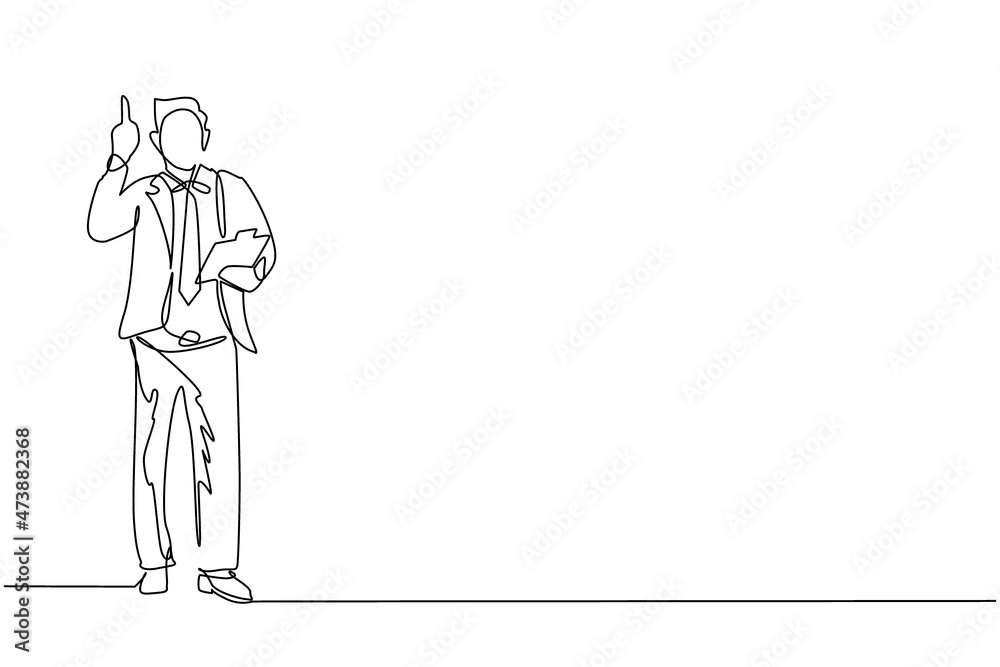 Continuous one line drawing young businessman wearing suit holding clipboard and pointing index finger up. Active person keeping file pad in hand. Single line draw design vector graphic illustration