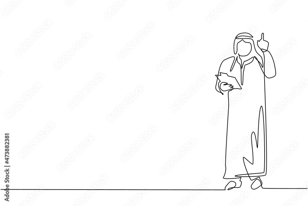 Continuous one line drawing Arabian businessman wearing traditional clothes holding clipboard and pointing index finger up. Person keeping file pad in hand. Single line draw design vector illustration Continuous one line drawing Arabian businessman wearing traditional clothes holding clipboard and pointing index finger up. Person keeping file pad in hand. Single line draw design vector illustration