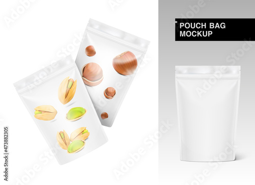 Realistic pouch bag mockup with examples. Vector illustration isolated on white background. Front view. Can be use for template your design, presentation, promo, ad. EPS10.	
