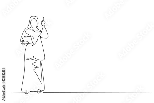 Single one line drawing young Arabian businesswoman wearing suit holding clipboard and pointing index finger up. Active person keeping file pad in hand. Continuous line draw design vector illustration
