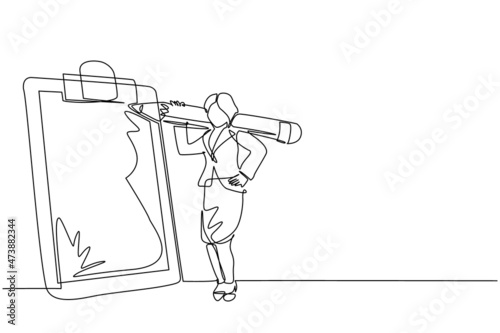 Single continuous line drawing positive businesswoman with giant pencil on her shoulder nearby marked checklist on clipboard paper. Successful completion of business tasks. One line draw design vector