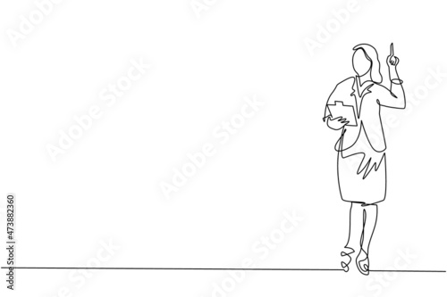 Single one line drawing young businesswoman wearing suit holding clipboard and pointing index finger up. Active person keeping file pad in hand. Continuous line draw design graphic vector illustration