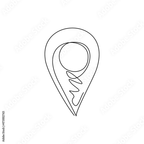 Single one line drawing Pin of map. Icon of drop pin. Place of location. Geo point for position and navigation. Pinpoint place on map. Symbol of travel, direction. Continuous line draw design vector