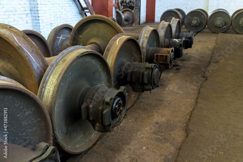 Details different wagons maintenance restoration wheels from railway