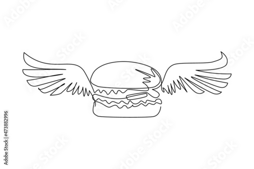 Single one line drawing burger with wings icon. Flat doodle hand drawn isolated. cheeseburger, hamburger, fast food creative concept. Modern continuous line draw design graphic vector illustration