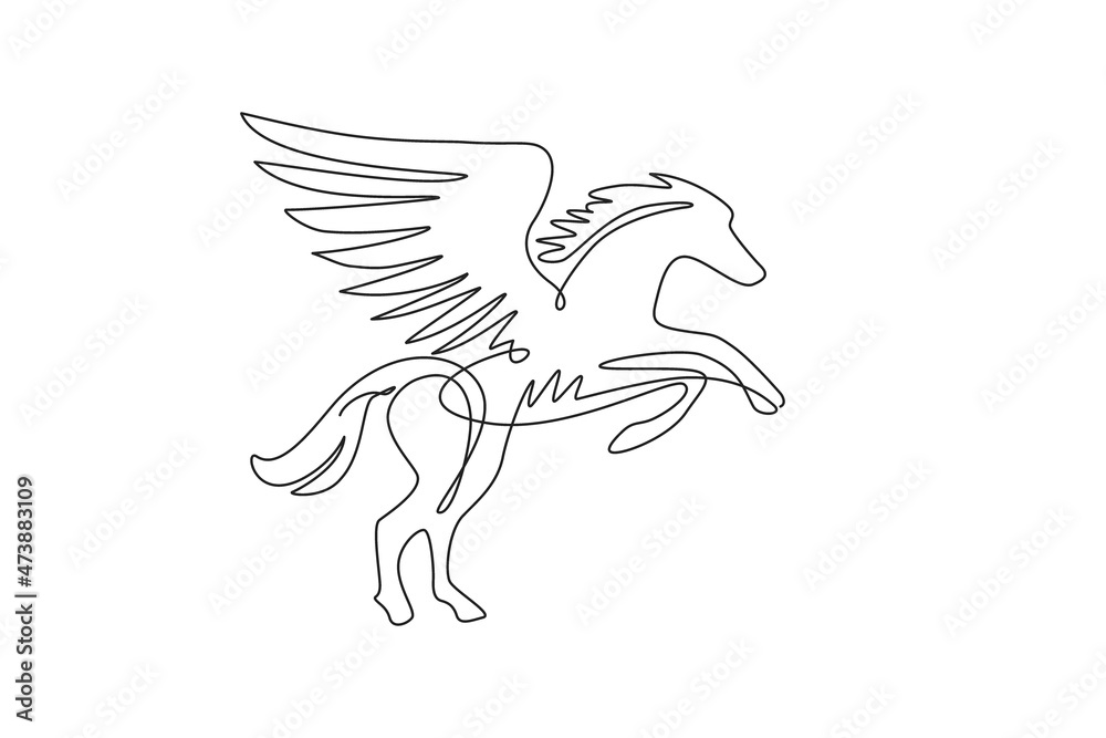 Single continuous line drawing pegasus winged stallion mythical animal  icon. Vector silhouette of heraldry horse with mane. Horse logo with wing  standing pegasus unicorn. One line draw graphic design Stock Vector |