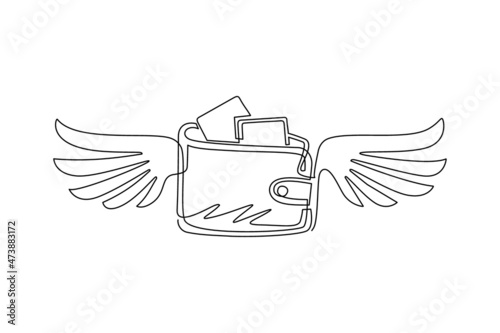 Single continuous line drawing winged wallet logo. Purse with wings icon. Losing money, spending, pay, wasteful, gone money, financial concept. Dynamic one line draw graphic design vector illustration