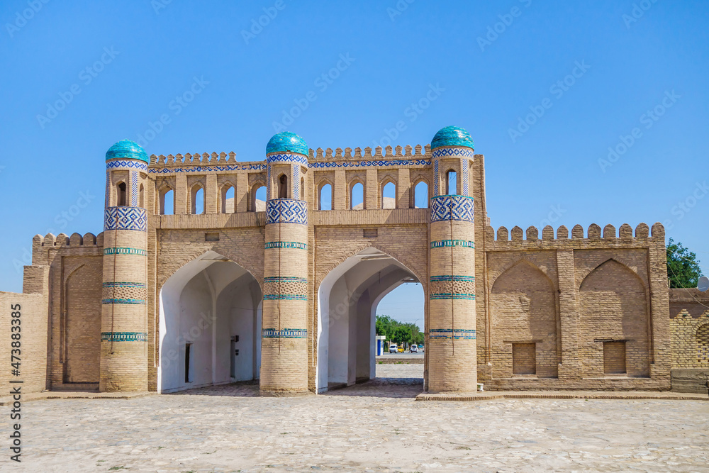 Kosh Darvaza (double gates in Uzbek) historical gate in Khiva, Uzbekistan. Built in 1912. Landmark of Dichan Kala or so called 'outer city'