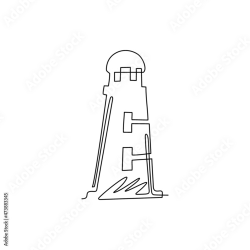 Single one line drawing lighthouse, beacon logo icon. Modern linear simple logotype template for poster banner. Lighthouses and ocean waves. Continuous line draw design graphic vector illustration