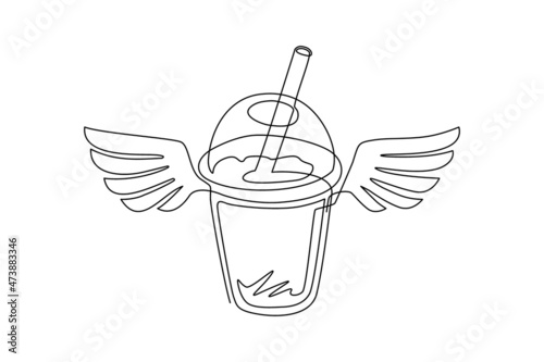 Single one line drawing bubble boba tea drink with wings. Food in doodle cartoon linear style. For flyer, sticker, card, logo, icon, print, poster. Modern continuous line draw design graphic vector