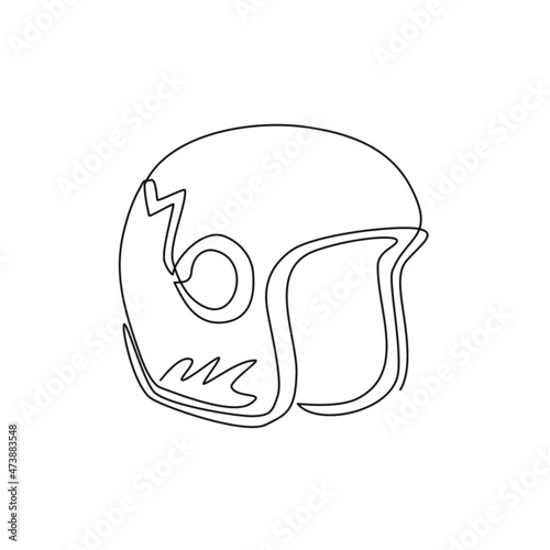 Continuous one line drawing classic biker helmet icon. Motor race team symbol, rally sport team emblem and custom chopper bike riders tournament. Single line draw design vector graphic illustration