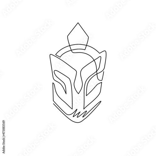 Single one line drawing helmet of spartan warrior symbol, emblem. Spartan helmet icon logo, spartan helmet, Greek gladiator helmet armor. Modern continuous line draw design graphic vector illustration