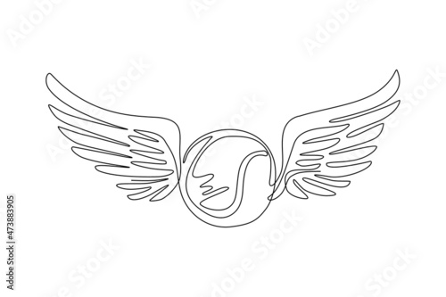 Continuous one line drawing winged icon featuring tennis ball. Flying tennis ball with wings in the sky. Moving tennis balls flying, falling isolated. Single line draw design vector illustration