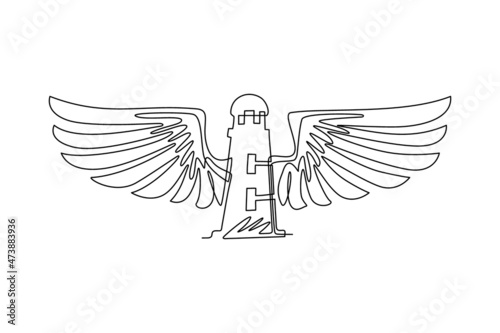 Single one line drawing hand drawn illustration of lighthouse with wings. Safe house artwork with wing. Template for card, poster, banner, print for t-shirt. Continuous line draw design graphic vector