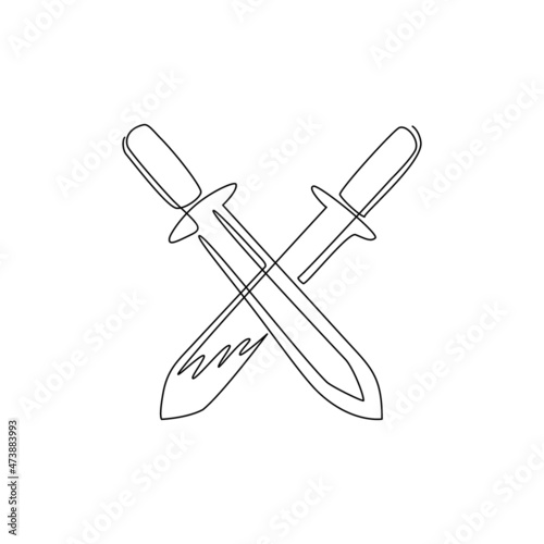 Single one line drawing two crossed swords icon, metal sword, European straight swords, realistic sword isolated. European straight swords. Daggers, knifes. Continuous line draw design graphic vector