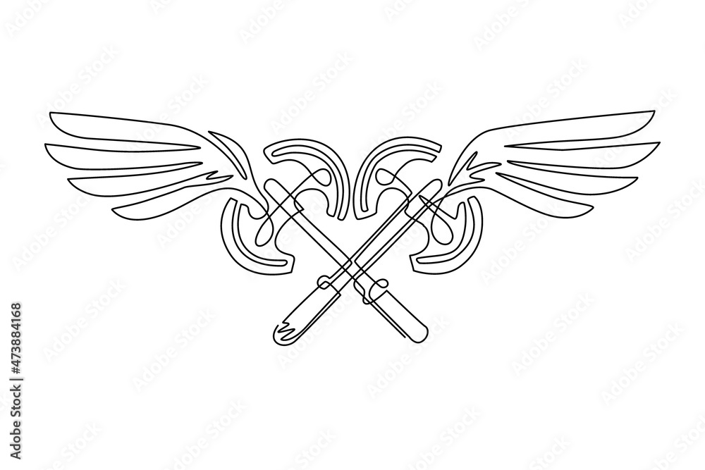 Single continuous line drawing flying two crossed axes. Weapon of medieval fantastic warrior. Winged two crossed axes logo with elegant outspread wings for logo design. One line draw graphic vector