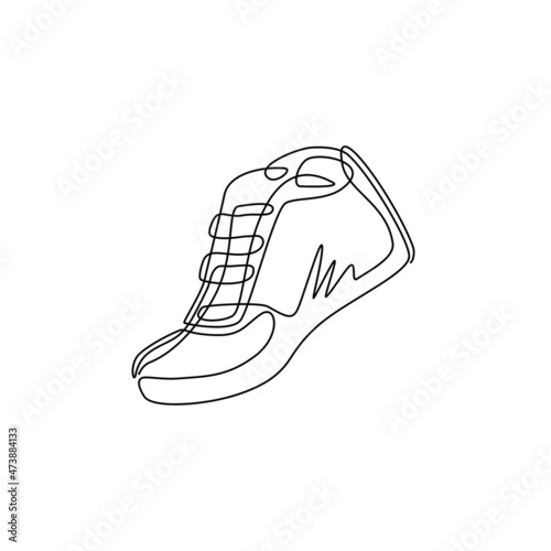 Continuous one line drawing running shoes icon, fitness and sport, gym sign, linear pattern. Fitness sneakers shoes for training, running shoe. Sport shoes set. Single line draw design vector graphic