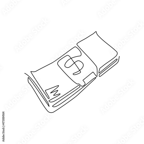 Single continuous line drawing money banknotes flat. Packing in bundles bank notes. Dollar in bundles, currency sign pack. Hundreds dollars cash, green paper bills. One line draw graphic design vector
