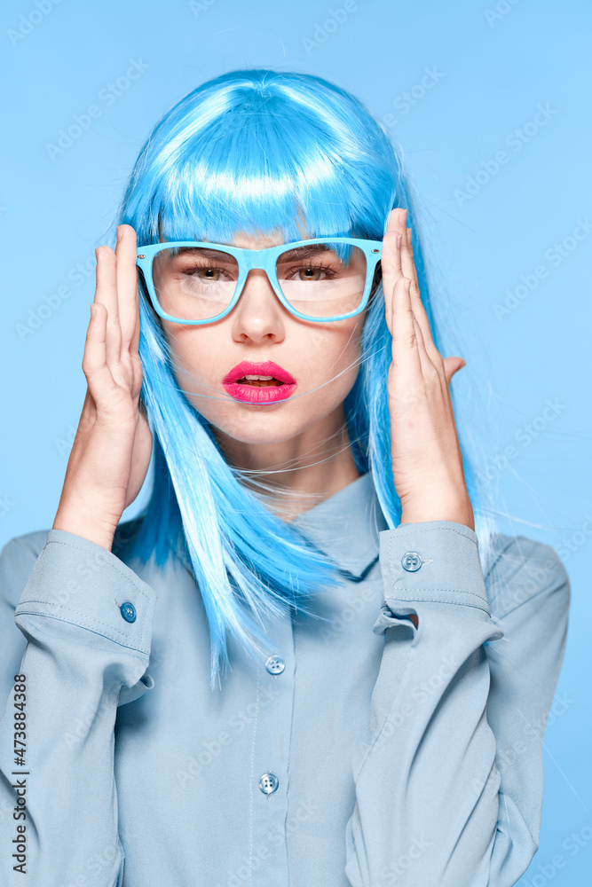beautiful woman in blue wig glasses fashion glamor beautiful woman in blue wig glasses fashion glamor