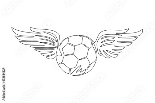 Single continuous line drawing football ball with wings emblem (soccer design). Winged football logo or soccer club symbol. Seamless texture with conceptual winged soccer balls. One line draw vector