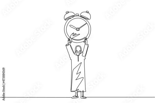 Continuous one line drawing strong Arabian businessman raising alarm clock in hands. Time, watch, limited offer, deadline symbol. Time to work. Single line draw design vector graphic illustration