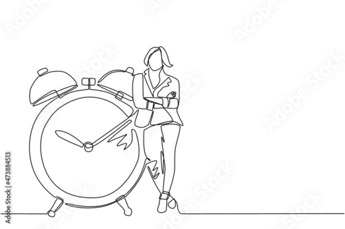 Single one line drawing cute businesswoman, manager or employee stand leaning to big clock. Concept of time management. Time, watch, limited offer, deadline symbol. Continuous line draw design vector