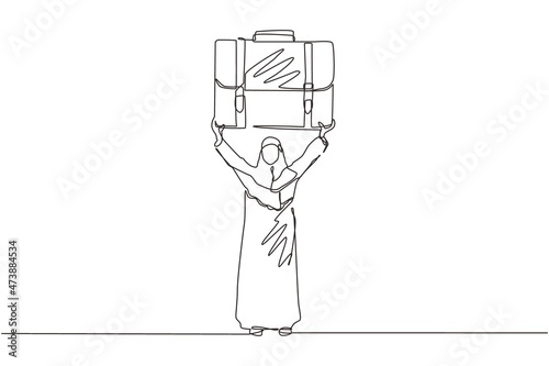 Single continuous line drawing Arab manager or businesswoman raises big briefcase. Business person has achieved success. Rejoices in success. Dynamic one line draw graphic design vector illustration