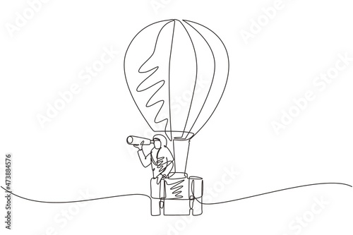 Continuous one line drawing Arabian businesswoman looking through telescope in hot air balloon briefcase. Female in suitcase balloon search to success. Business travel. Single line draw design vector