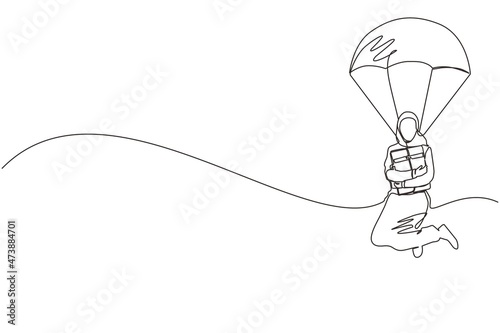 Single one line drawing Arabic businesswoman holding briefcase and jumping with parachute. Business people skydiver risk danger, safety concept. Continuous line draw design graphic vector illustration