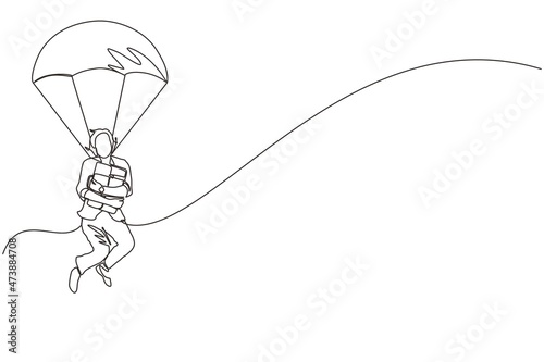 Single one line drawing businesswoman holding briefcase and jumping with parachute. Business people skydiver risk danger and safety concept. Continuous line draw design graphic vector illustration