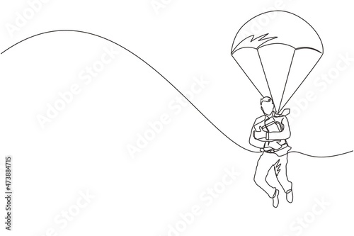 Single one line drawing businessman holding briefcase and jumping with parachute. Business people skydiver risk danger and safety concept. Continuous line draw design graphic vector illustration