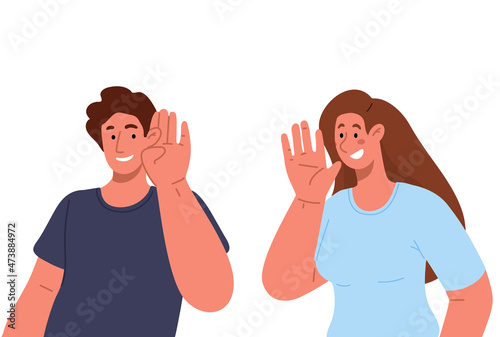 Young woman whispering something to her man.Vector flat illustration. 
