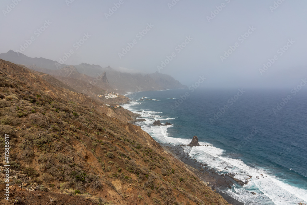 Landscape of the northern part of the island. Rocky coast of Benijo, Atlantic Ocean. Tenerife. Canary Islands. Spain.