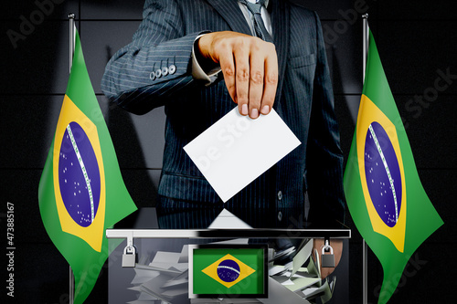 Konstfotografi Brazil flags, hand dropping voting card - election concept - 3D illustration