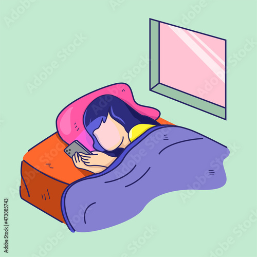 girl use a smartphone while lying in bed