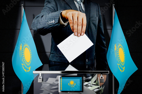 Kazakhstan flags, hand dropping voting card - election concept - 3D illustration photo