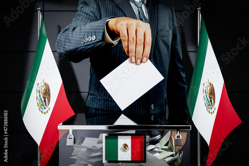 Mexico flags, hand dropping voting card - election concept - 3D illustration photo