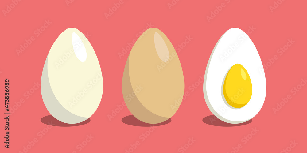 Eggs. Flat vector illustration on red background. Fresh and healthy food icons. Eggs. Flat vector illustration on red background. Fresh and healthy food icons.