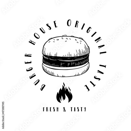 Burger vintage logo, emblem or label. Hand drawn Doodle illustration.