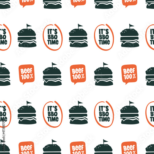Hand drawn vector pattern with simple burger illustration and typography.