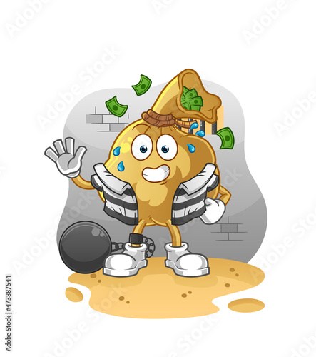 money bag criminal in jail. cartoon character