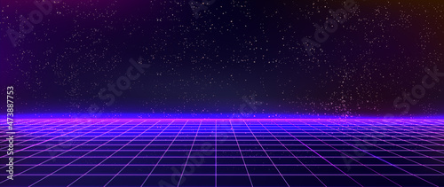 Futuristic neon cyber background with laser lines and starry sky. Digital retro banner in 80s style for design decoration