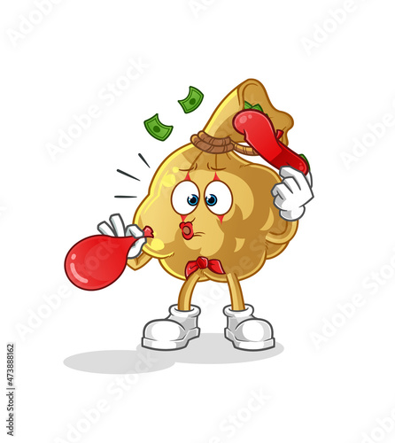 money bag pantomime blowing balloon. cartoon mascot vector