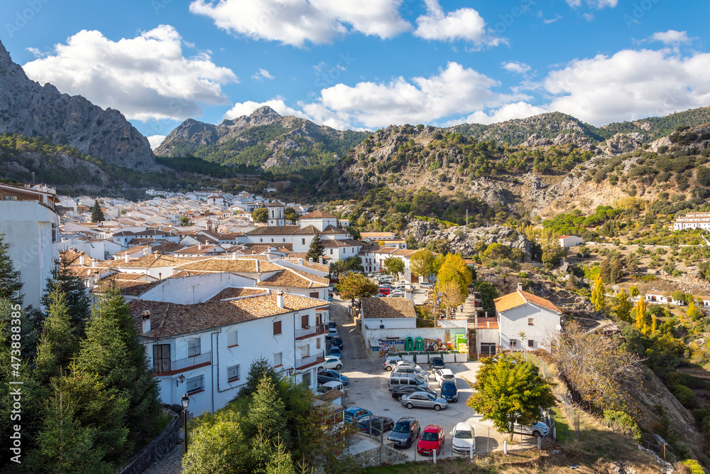 The village of Grazalema, Spain, in the Province of Cadiz, near Seville in Andalusia, one of the beautiful White Villages in the Sierra del Pinar Mountain range.